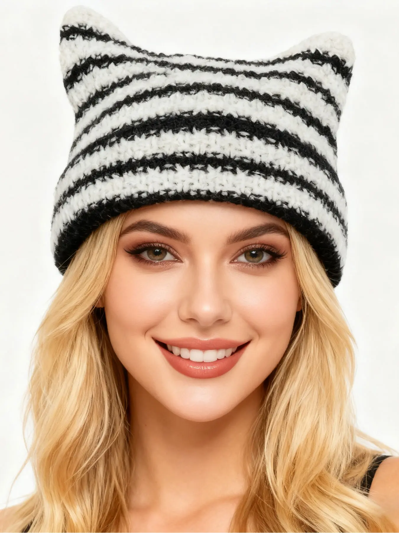 1Pc Cute Cat Ear Devil Knit Hat for Women, Japanese Style Striped Warm Woolen Cap, Adorable Furry Design, Cozy Winter Accessory, Beanie