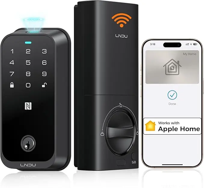 LNDU HK01W Support WiFi connection,Apple Home Key Smart Lock for Front Door, HomeKit Compatible Fingerprint Keypad Deadbolt with Built-in WiFi, Remote App Access, Auto Lock, Alexa Compatible, Matte Black