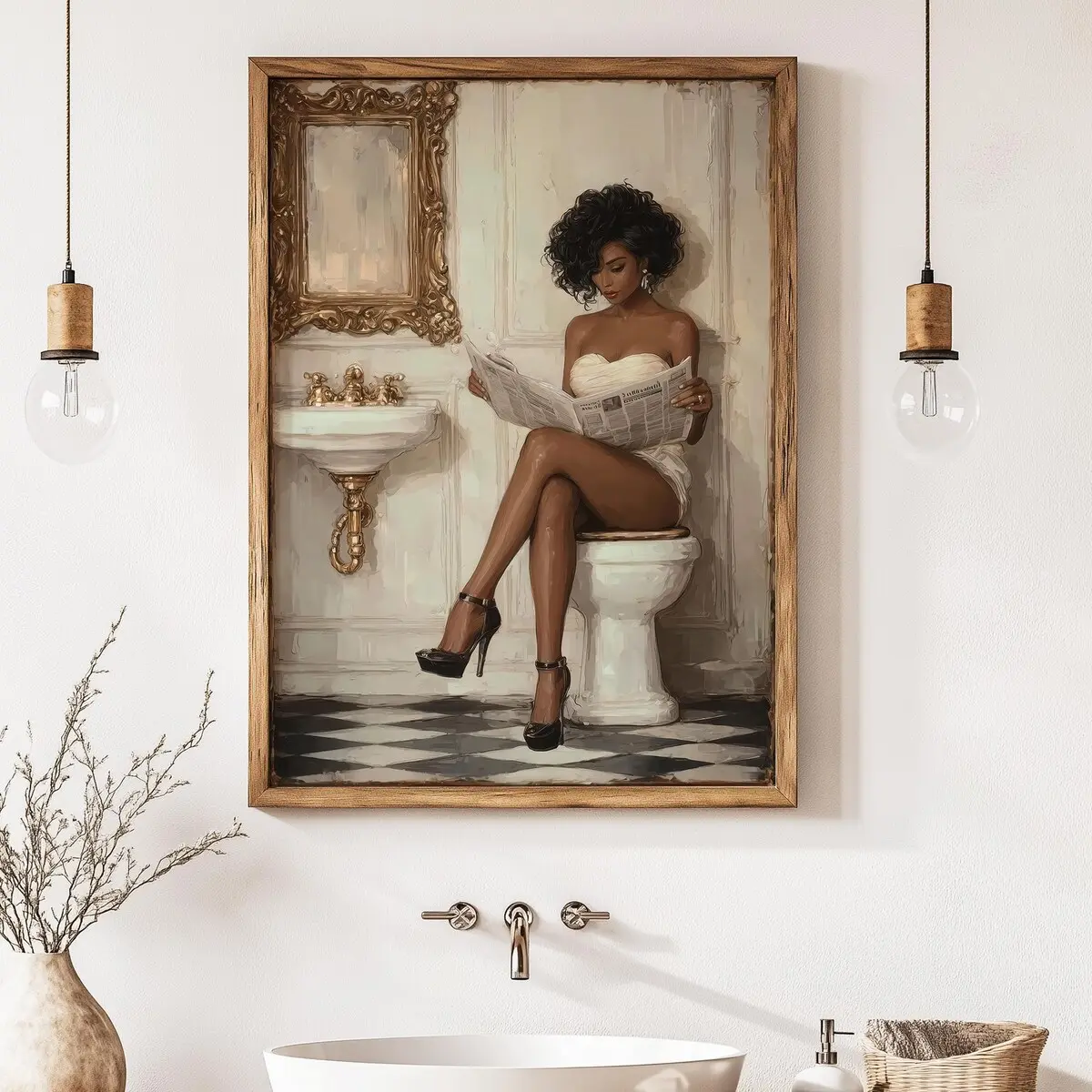 Bathroom Wall Art Black Woman Reading Newspaper, Vintage Gold Frame, Afrocentric Luxury Print, Elegant Chic Home Interior Decor Artwork, Room Decor, 5 Sizes, 8x12 to 27x40 inch, Unframed