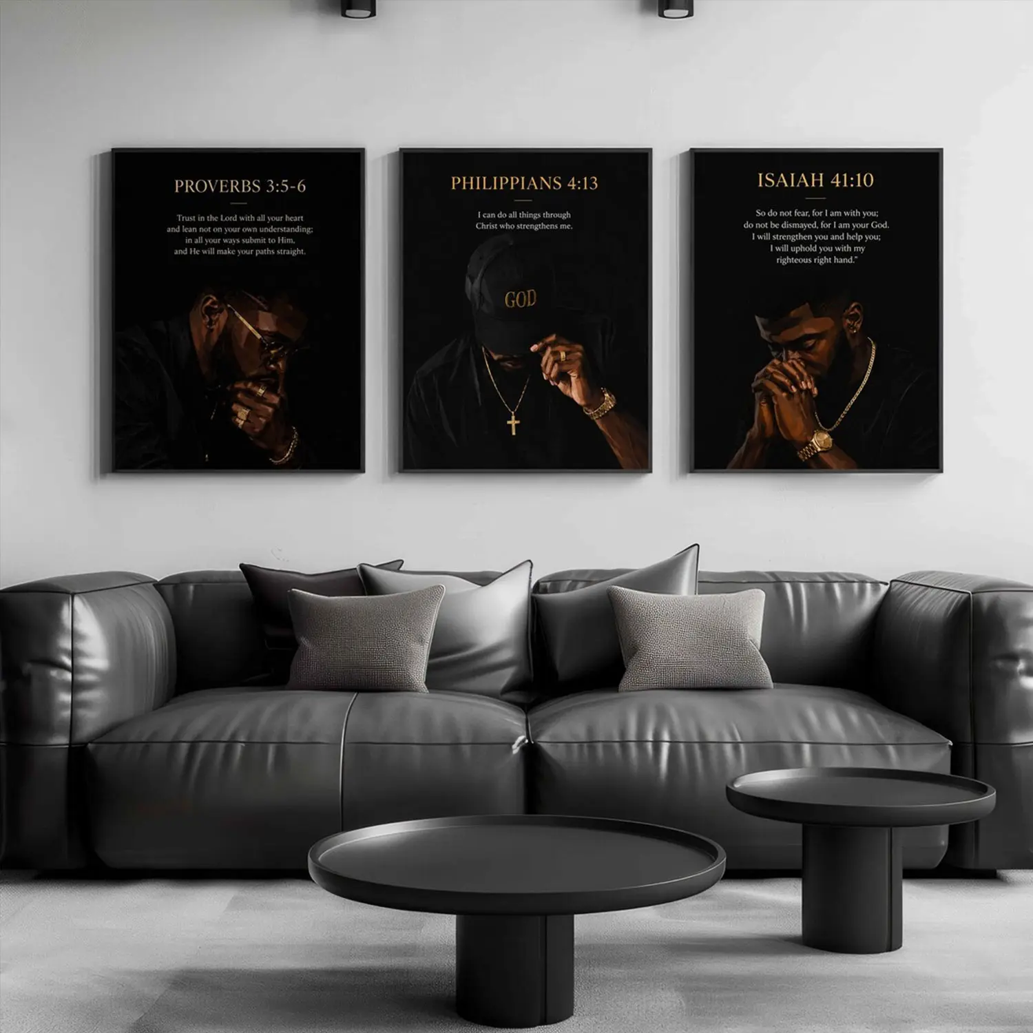 Christian Black Man Wall Art Set of 3, Bible Verse Prints, Proverbs 3:5-6, Philippians 4:13, Isaiah 41:10, Faith Wall Decor