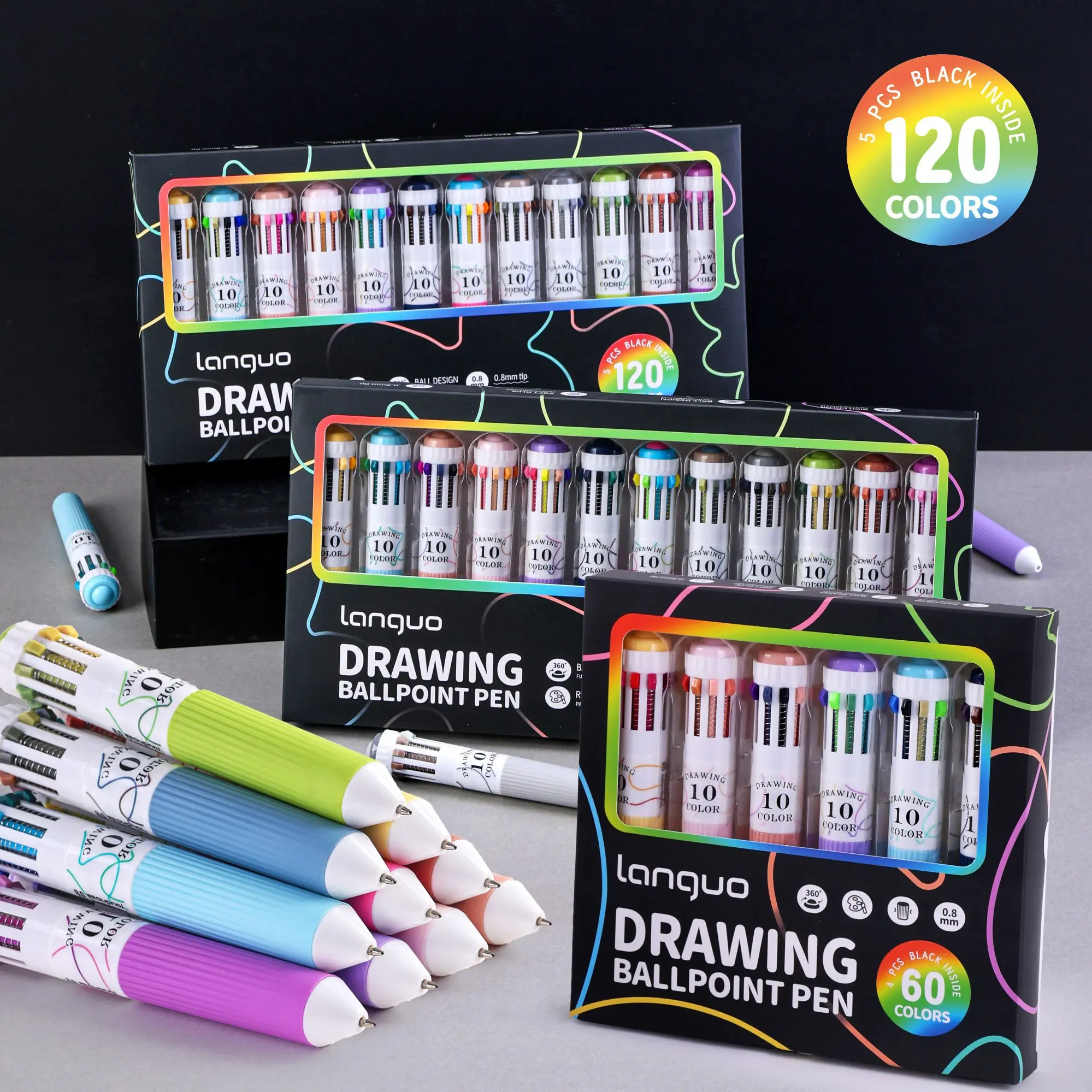 6-12pcs Writing Drawing Ballpoint Pen Set, 0.8mm Smooth Ink, Rich Colors Stackable, Soft Rubber Grip, Ideal for Painting, Note-Taking, Marking