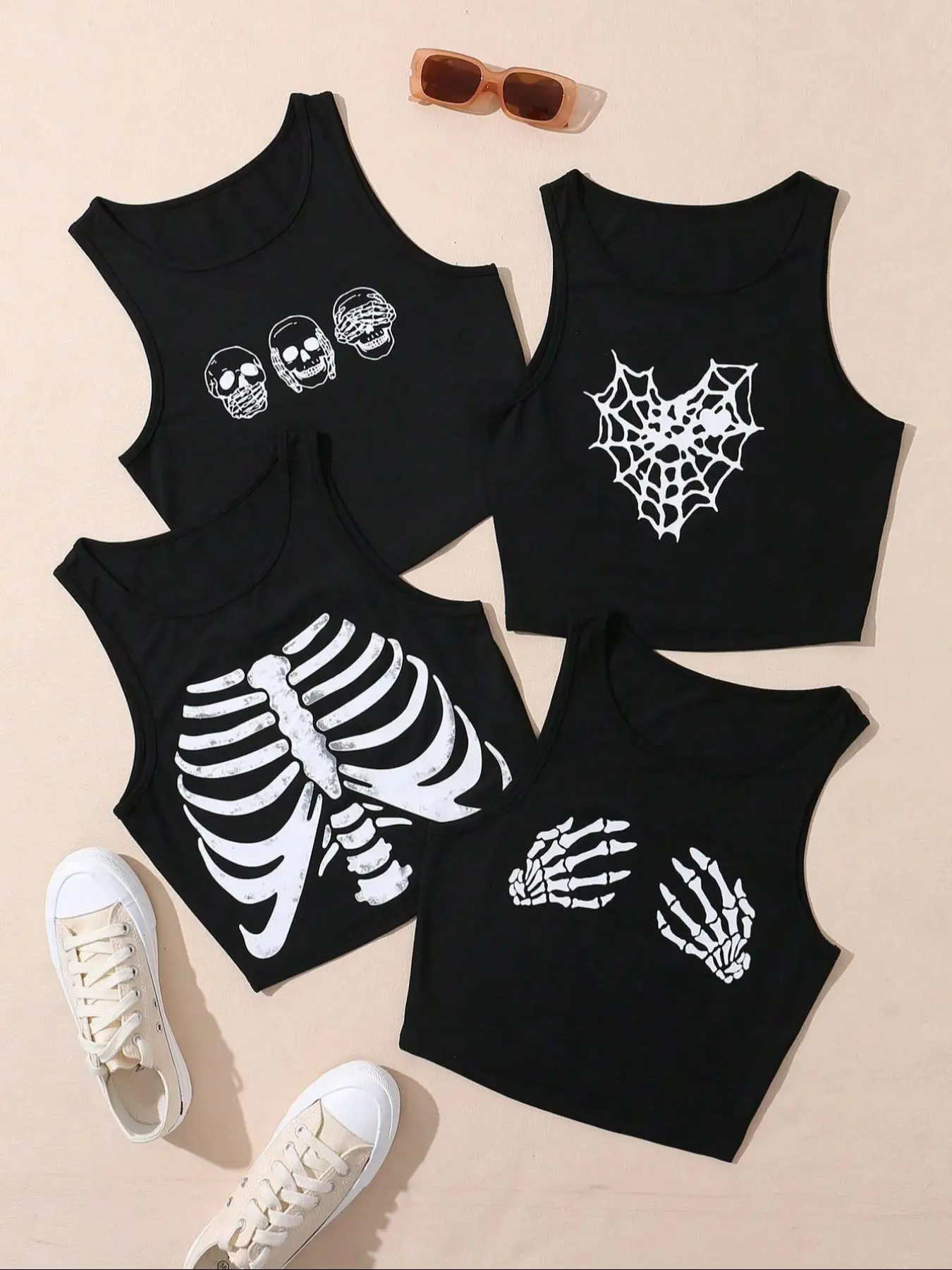 Women's Sexy Tight-Fit Thin Graphic Round Neck Sleeveless Tank Top, Skull & Skeleton Spider Web Print Design, Summer Casual Sleeveless Outfits for Daily, Skull And Bone Graphic, Casual Sleeveless Tops