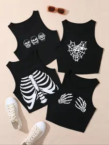 Women's Sexy Tight-Fit Thin Graphic Round Neck Sleeveless Tank Top, Skull & Skeleton Spider Web Print Design, Summer Casual Wear for Daily