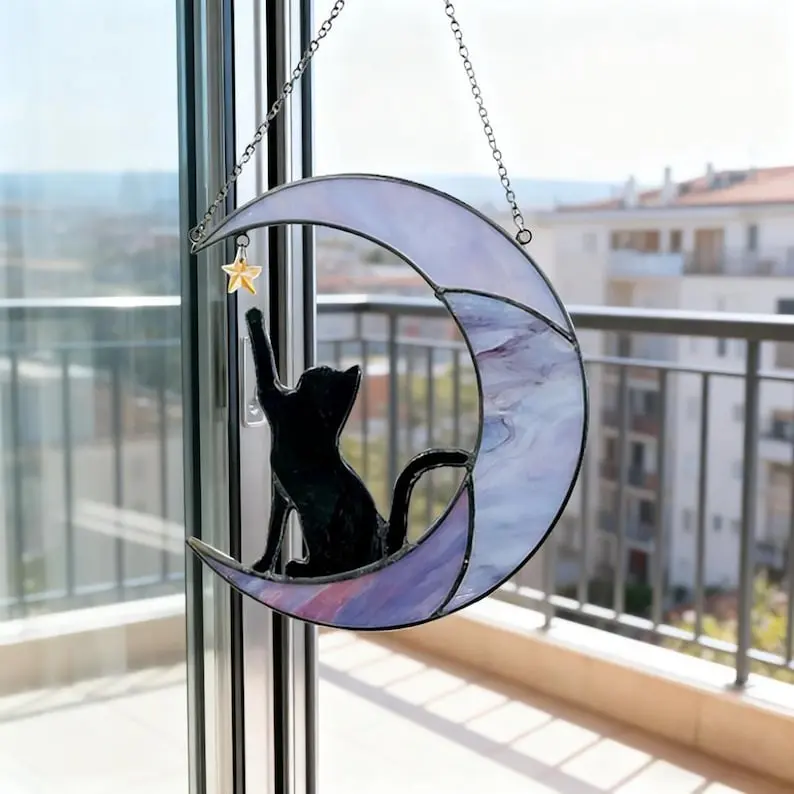 Black Cat on Crescent Moon Stained Glass Suncatcher, Handcrafted Lavender Window Hanging Ornament, Celestial Home Decor for Cat Lovers, High-Quality Glass Art Pet Loss Memorial Gift