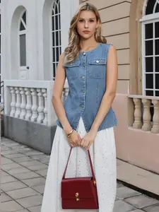 INSPIRE CHIC Jean Vests for Women Collarless Button Down Sleeveless Denim Vest Top