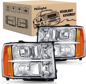 Nilight Headlight Assembly Compatible for 2007 2008-2013 GMC Sierra 1500 2008-2014 GMC Sierra 2500 HD 3500 HD Chrome Housing Amber Corner Clear Lens, Headlights Assembly Replacement