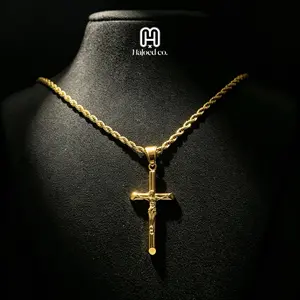 Haloed 18K Gold Plated Crucifix Necklace for Men Women, 304 Stainless Steel, Twist Rope Chain, Jesus Cross Pendant, No Green Neck, Hypoallergenic, Christian Faith Jewelry, Father's Day Graduation Birthday Fashion Gift