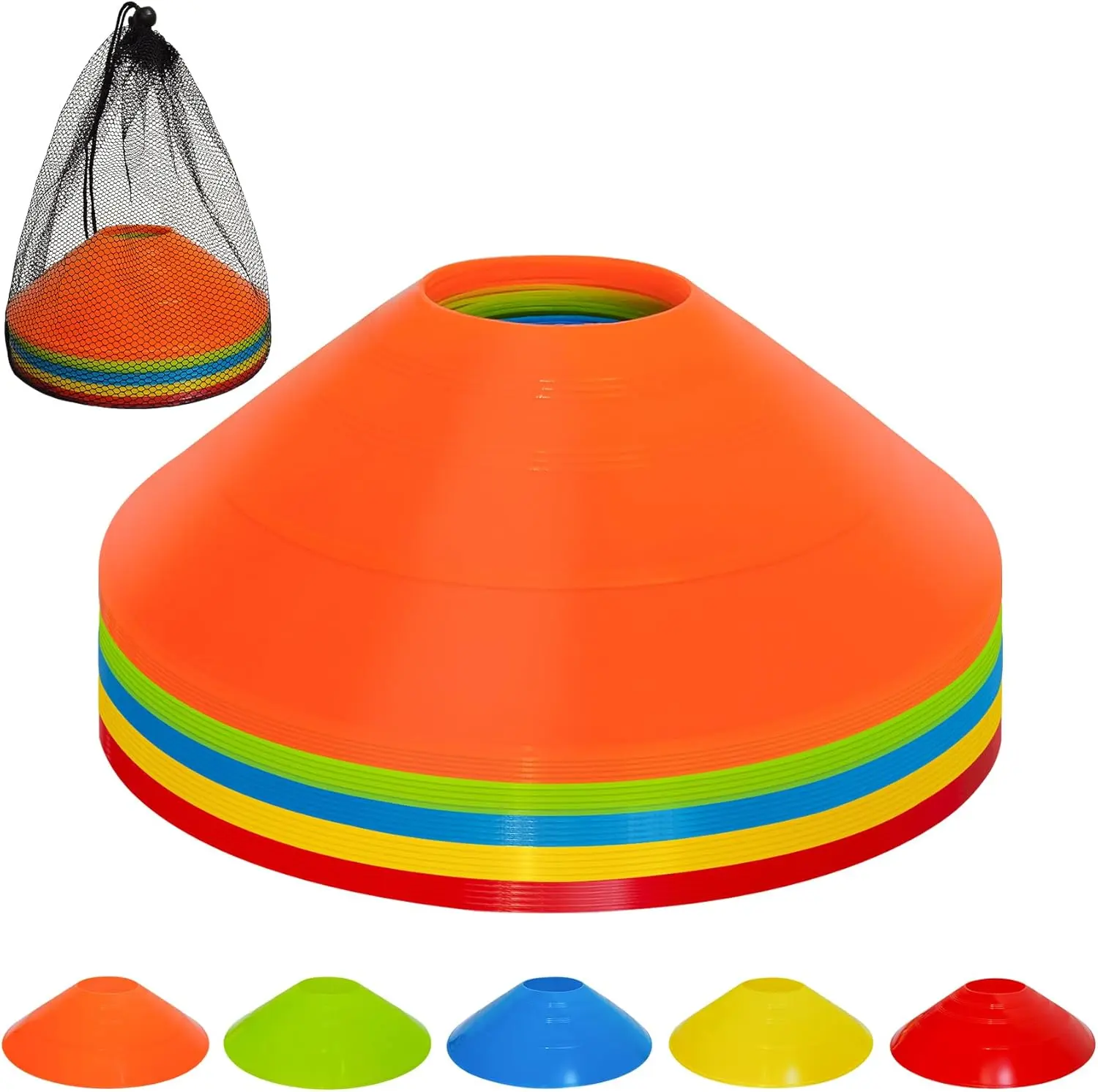 Disc Cones, 25/50/100 Pack, with Carry Bag, 5 Color, for  , Soccer, Football, Basketball, Coaching, Practice Equipment(25 Pack -5 Color)