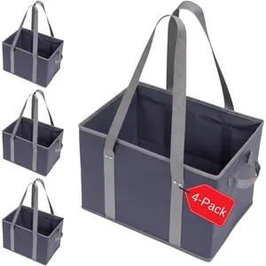 4pk Reusable Grocery Shopping Tote Bags Large Heavy Duty Foldable with Handles Reinforced Bottom (Navy Blue/Gray)