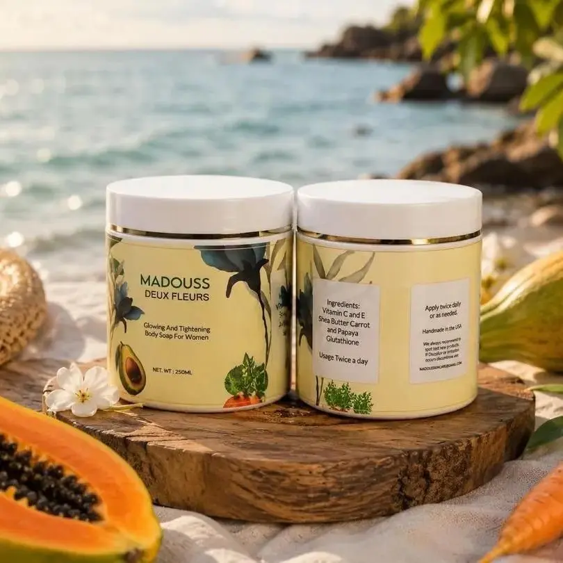 MADDOUSS DEUX FLEURS Women's Brightening & Tightening Body Soap - 250ml, Vitamin C, Vitamin E, Shea Butter, Papaya, Glutathione - Natural Skin Care Cleanser