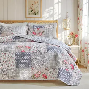 Floral Cotton Set, Neutral Flowers Grid Patchwork, 3 Pieces Queen Size Bedding Set, Farmhouse Countryside Bedspread Bed Cover for All Season- 90x90 inches