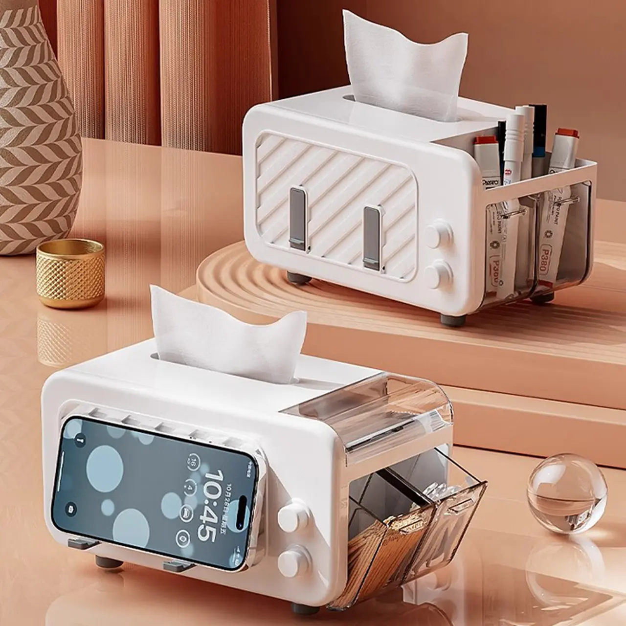 Creative Phone Stand Napkin Holder, Home Paper Tissue Box, Bedroom Living Room Storage, Desktop Organizer with Shelf, Remote Control Holder, Dispenser, Multifunctional Tissue Box