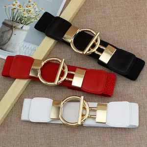 Adjustable Belt Western Belts - 3pcs Women's Daily Essentials Set with Round Buckle Wide Waistband Classic Solid Color Elastic Waistband Elegant Outerwear Waistband Must Have Gift Non Textile Weave Polyester