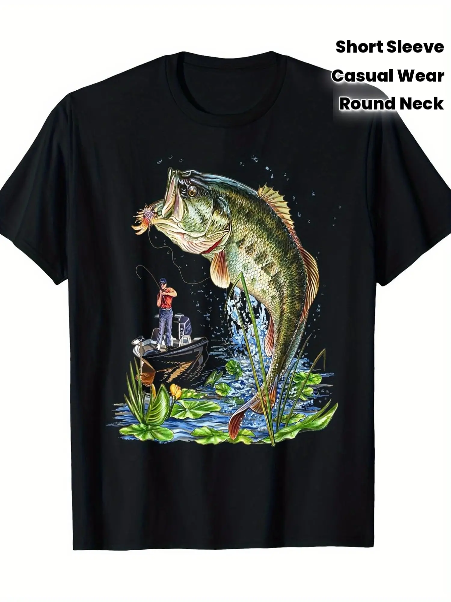 Men'S Large Mouth Bass Fish Graphic T-Shirt | 180gsm Heavyweight Casual Round Neck Short Sleeve, Realistic Jumping Bass and Fishing Rod Design, All-Season for Anglers, Outdoor Enthusiasts and Casual Wear - Ideal Gift for Fishing Lovers