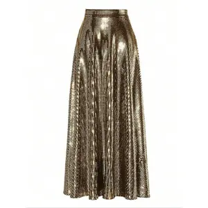 Elegant women’s party long flared skirt with shiny sequins and comfortable stretch fabric; a new autumn–winter luxury, cute, loose-fitting, waist-cinched sequin dress GARMENTARY
