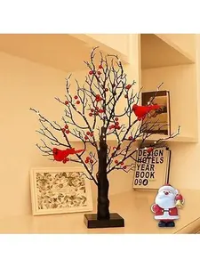 Cardinal Tree - Vintage Glowing Tree, Vintage Glowing Tree with Cardinals and Berries, 21in Twinkle Tree Lamp with Lighted Branches Red Bird for Christmas Tabletop Decoration (1PCS) Centerpiece Holiday Winter