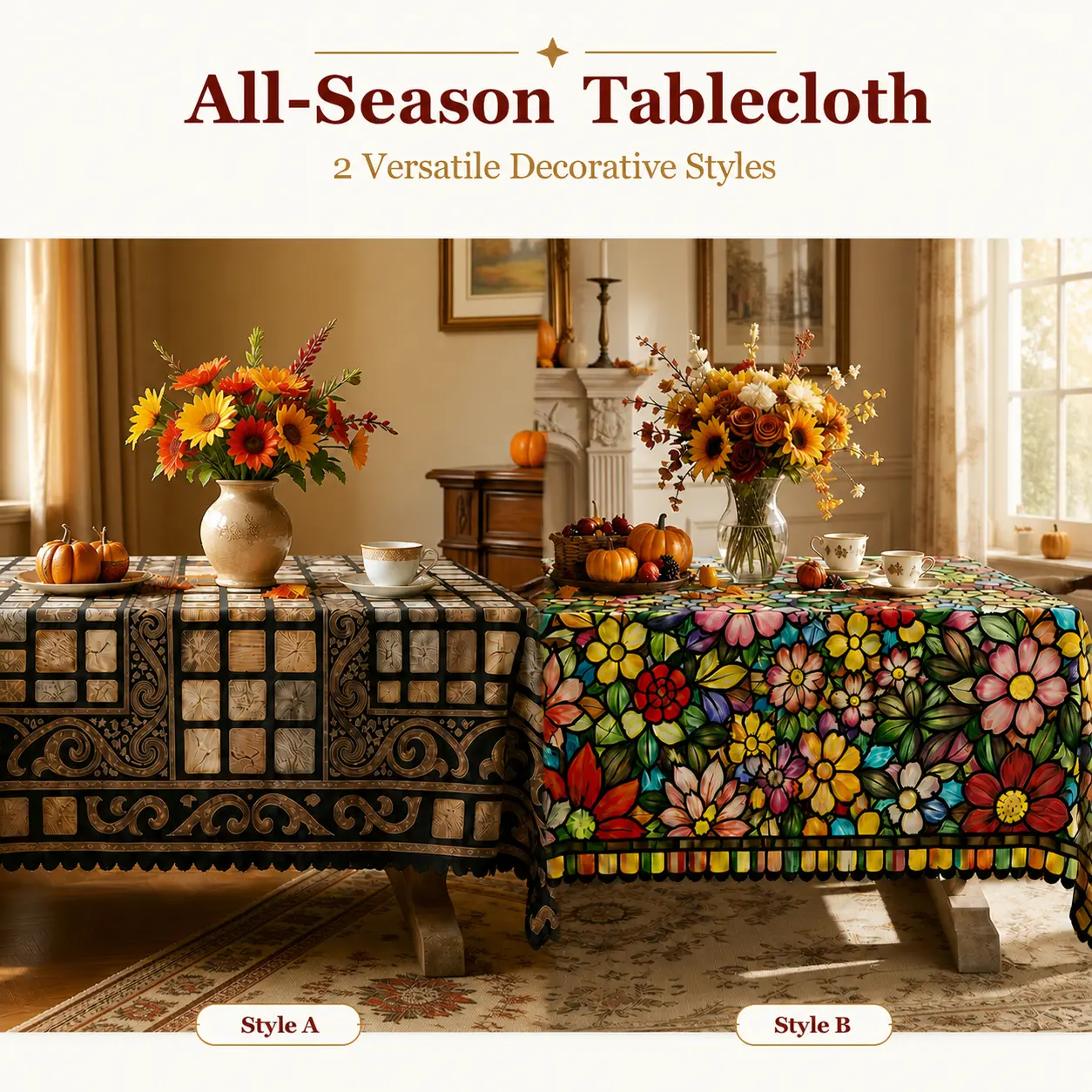 All-Season Tablecloth with Colorful Floral Mosaic, Geometric Patterns and Botanical Motifs, Versatile Decor, Round, Rectangular and Oval 60in Covers for Dining Rooms, Patios, Picnics and Everyday Gatherings polyester, washable, clearance sale