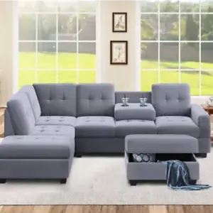 L-Shaped Couch Sectional Sofa Reversible with Storage Ottoman and Cup Holders