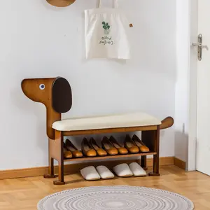 SOBIBO Shoe Bench with Cushion, 2-Tier Dog Entryway Bench Cute, Wood Shoe Rack Bench