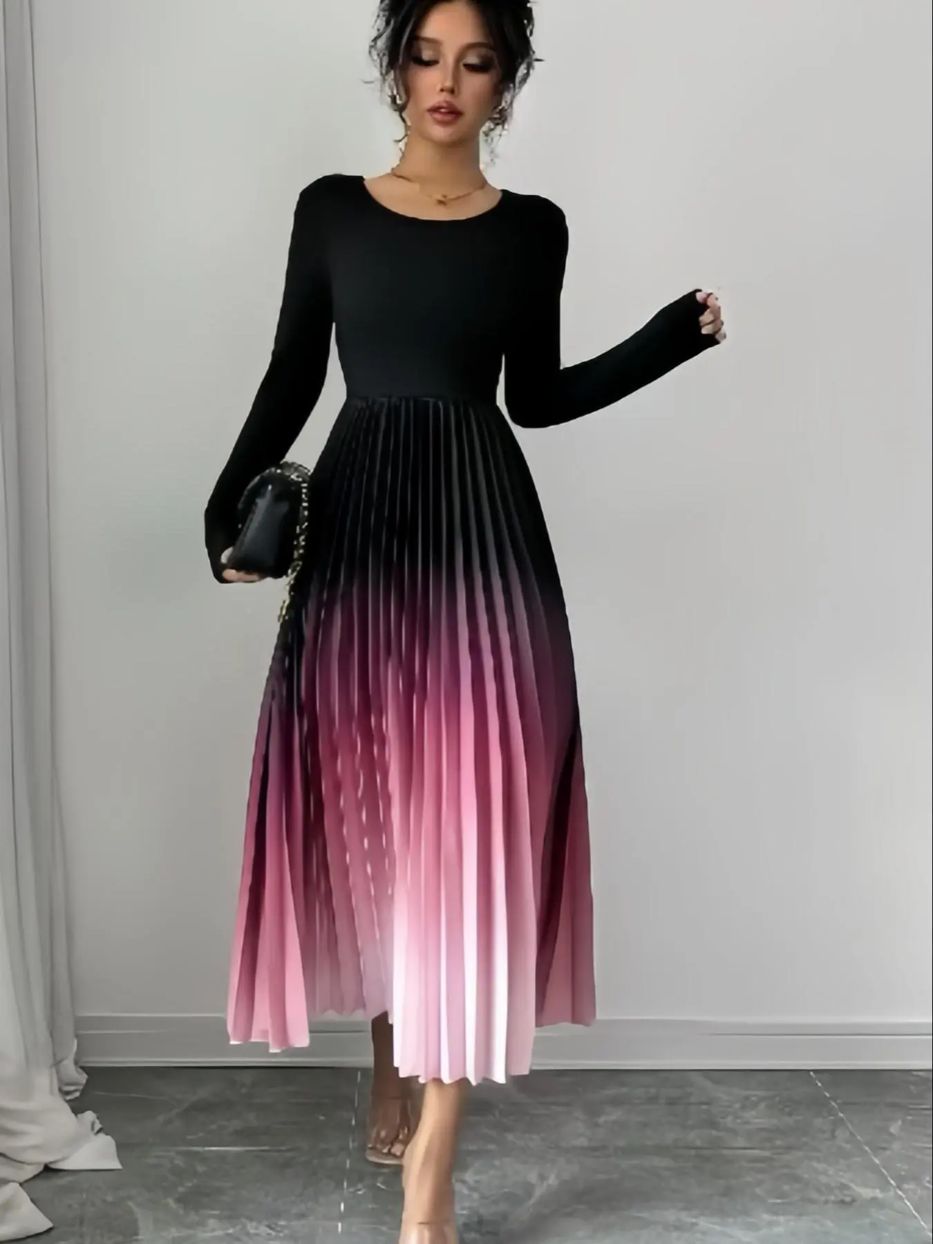 Women's Ombre Print Pleated A Line Dress, Elegant Long Sleeve Round Neck Midi  Dress for Party Holiday Wedding Guest, Ladies Clothes for All Seasons -  TikTok Shop