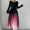 Women's Ombre Print Pleated A Line Dress, Elegant Long Sleeve Round Neck Midi Dress for Party Holiday Wedding Guest, Ladies Clothes for All Seasons, Wedding Attire, Elegant Dresses