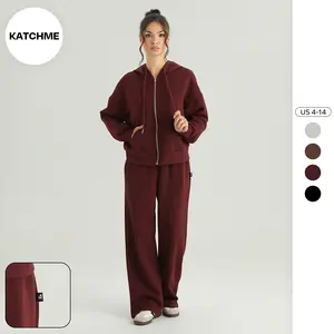 KatchMe Women's Leisure Solid Color Hooded Zipper Hoodie & Wide Leg Trousers Co-ord, Basic Two Piece Outfits for Fall & Winter, Cozy Versatile Set(2)
