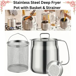50oz 304 Stainless Steel Deep Fryer Pot with Basket, Oil Strainer and Grease Container, Heat Resistant Large Capacity Kitchen Cookware for French Fries, Camping, Dishwasher Safe, Heat Resistant Pots