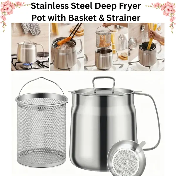 50oz 304 Stainless Steel Deep Fryer Pot with Basket, Oil Strainer & Grease Container - Single Handle Deep Saucepan Strainer Pot, Large Capacity Heat Resistant Kitchen Cookware for French Fries, Camping, Dishwasher Safe, Single Handle Pots, Deep Saucepan P