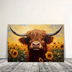 Print Painting, Highland Cow & Sunflower Sunset Canvas Art Print - Rustic Wildlife Wall Decor for Living Room, Bedroom, Office, Cafe, Bar - Waterproof, 12x16 Inches, Perfect Gift and Home Accent, Gift for Art Lovers Frameless Artistic Ornaments