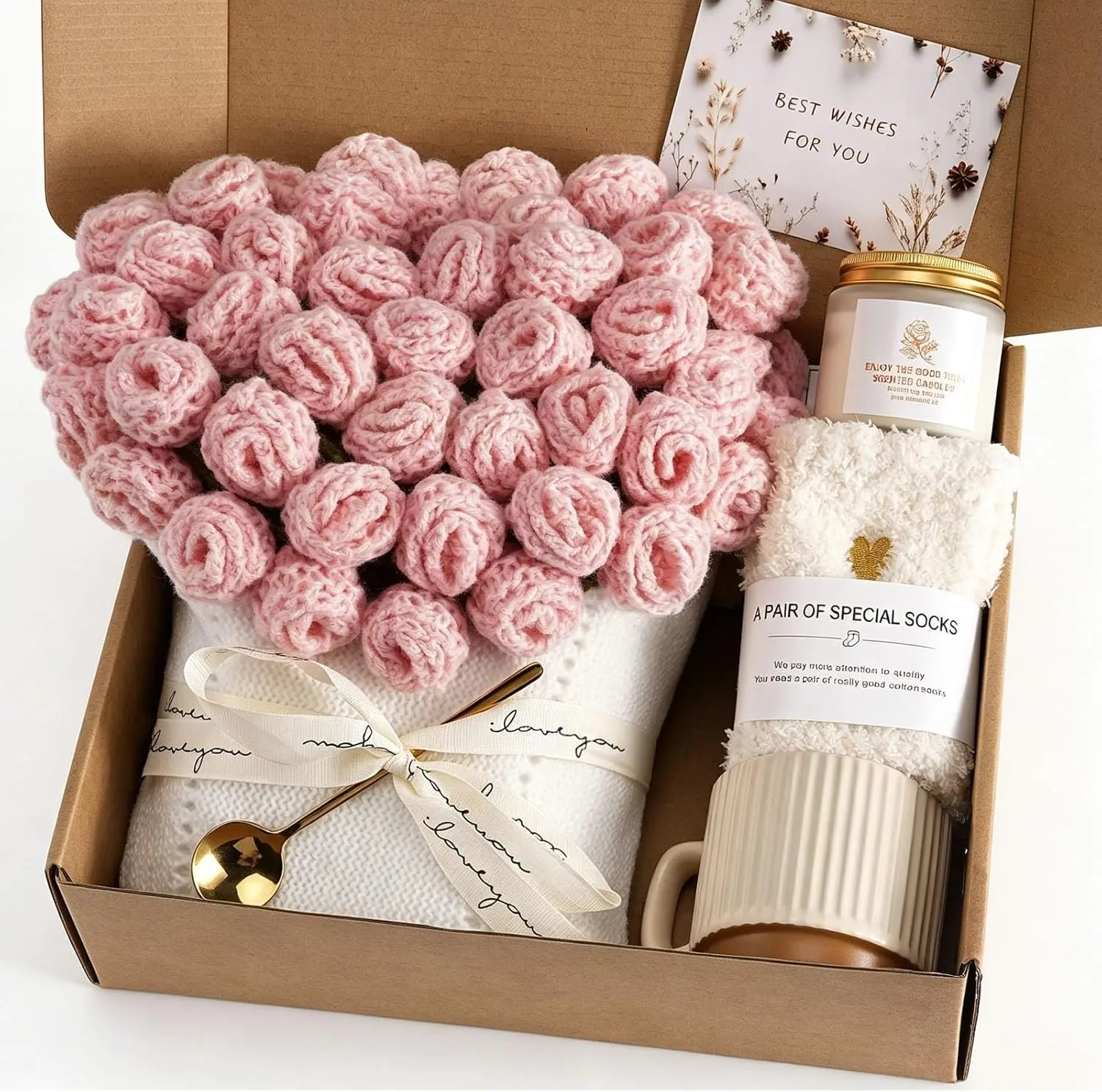 Get Well Gifts for Women After Surgery Recovery, Crochet Flower Bouquet Blanket, New Mom Postpartum Self Care Package, Best Friend Birthday Gifts for Women, Gift Baskets Girlfriend Set