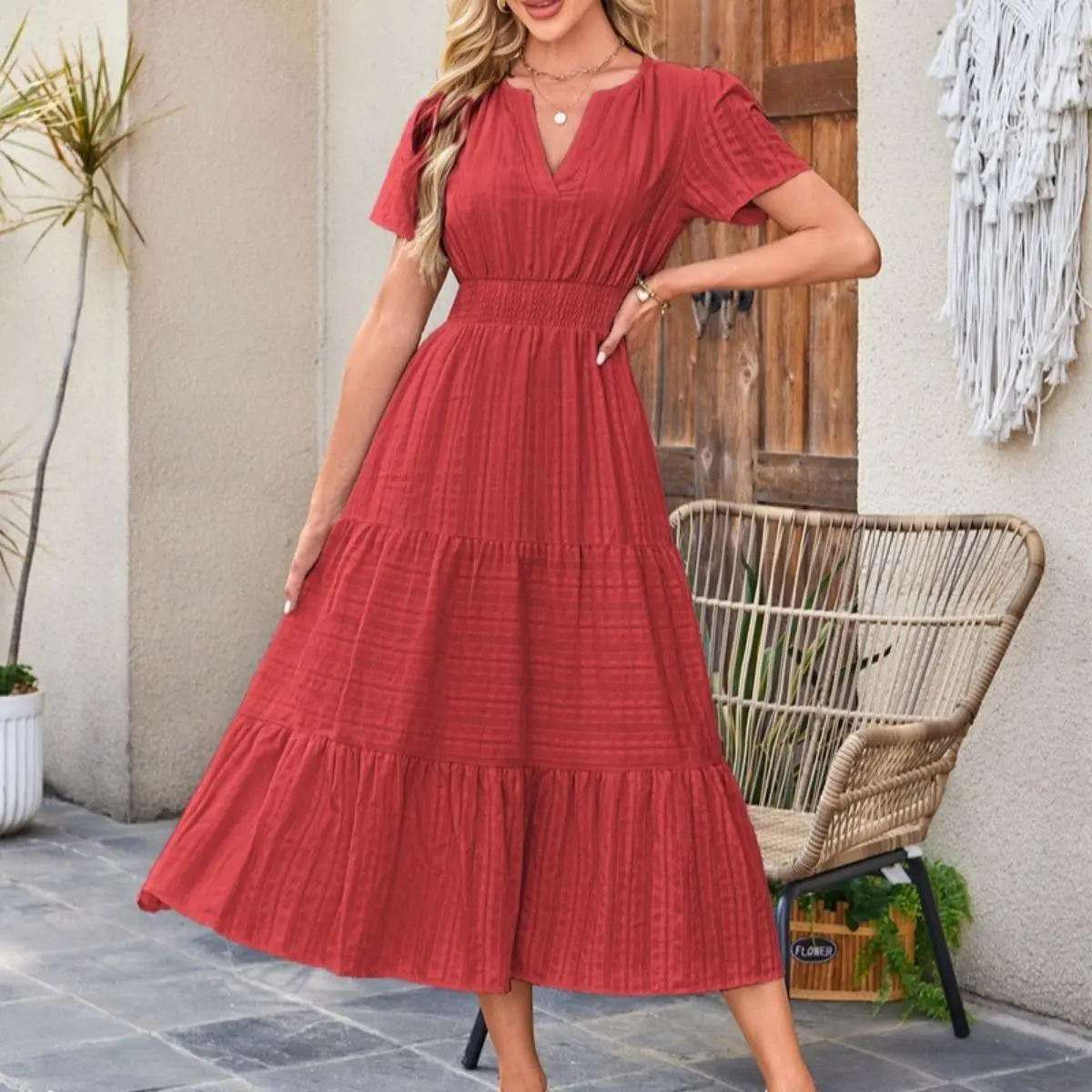 Women’s V Neck Short Sleeve Boho Maxi Dress Lightweight Pocket Summer Casual Long Dress