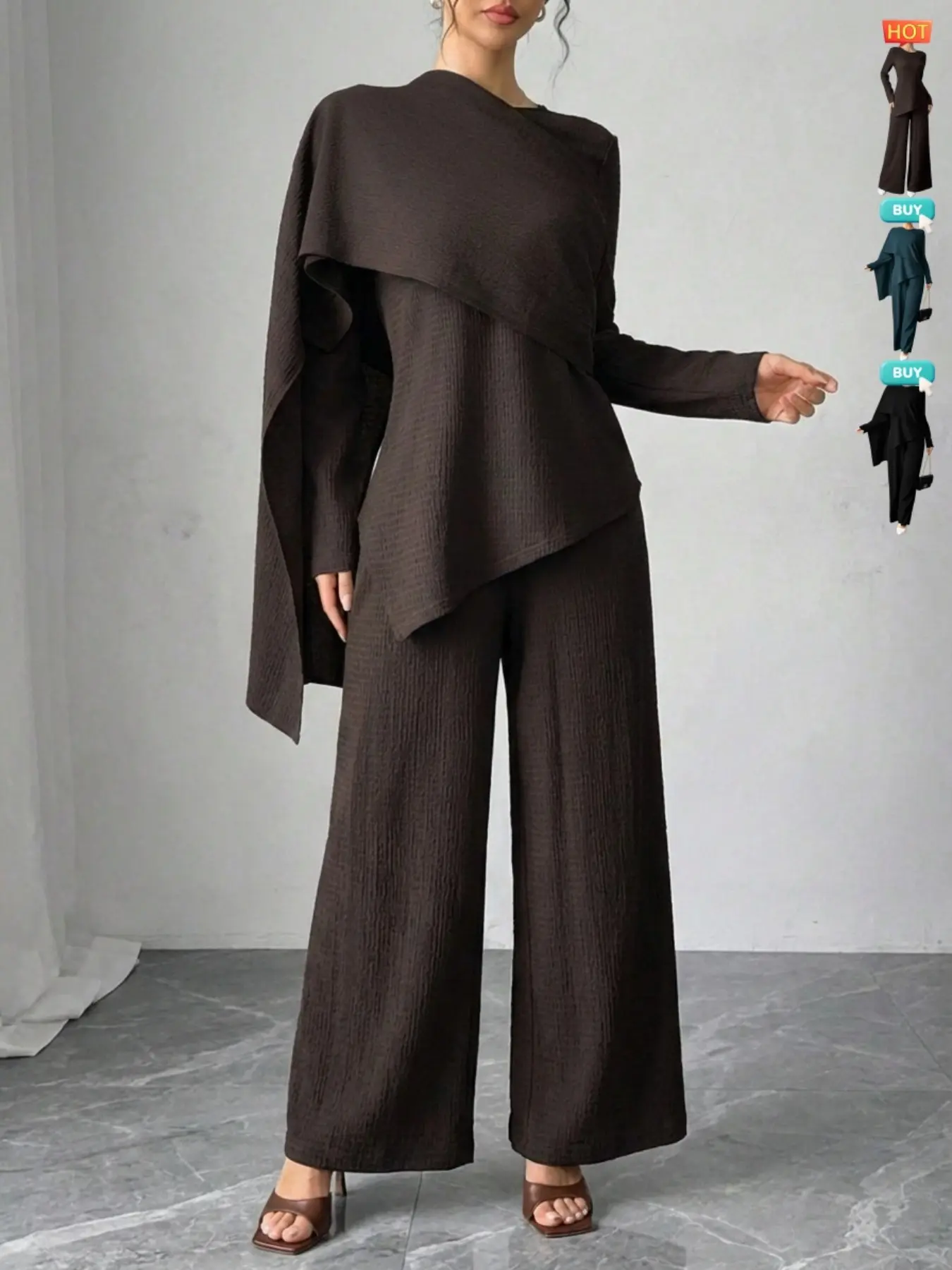 Asymmetric Design Shawl Set, High-End Casual Three-Piece Suits, Textured Top & Wide-Leg Pants, Stylish Daily Wear, Womenswear, Outfit, Asymmetrical