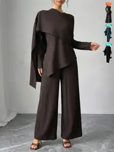 Asymmetric Design Shawl Set, High-End Casual Three-Piece, Textured Top & Wide-Leg Pants, Stylish Daily Wear