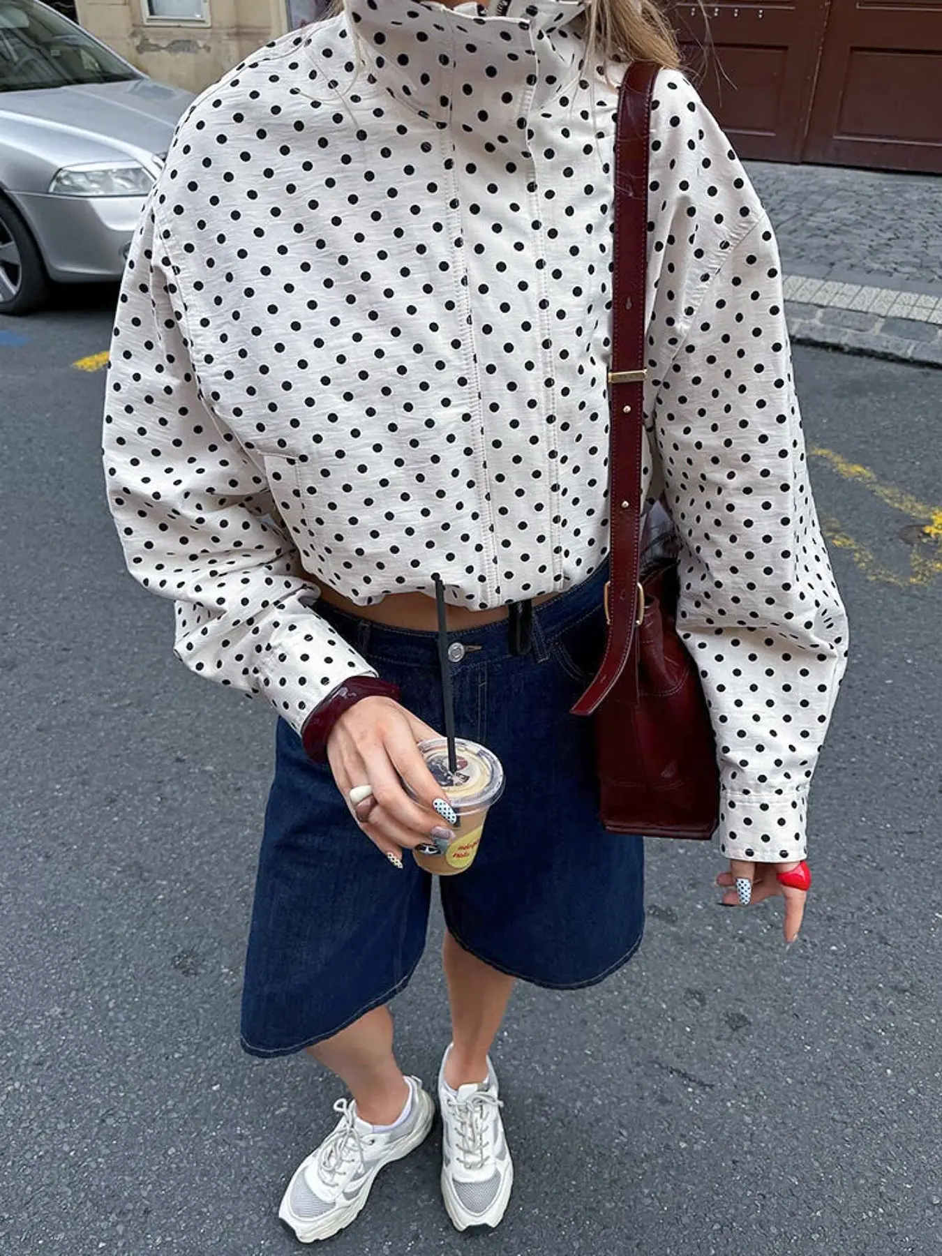 Women's Spring & Fall Fashion Casual Polka Dot Bubble Jacket, High Neck Long Sleeve Zipper Front, Drawstring Hem Pocketed Coat Outerwear, Womenswear