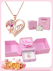 Mother's Day Gift, Gift Jewelry: Women's "Mom" Necklace—Rose Gold, Featuring a Birthstone, Heart-Shaped Design, Paired with Rose Gift Box, for Mom, Wife, or Girlfriend