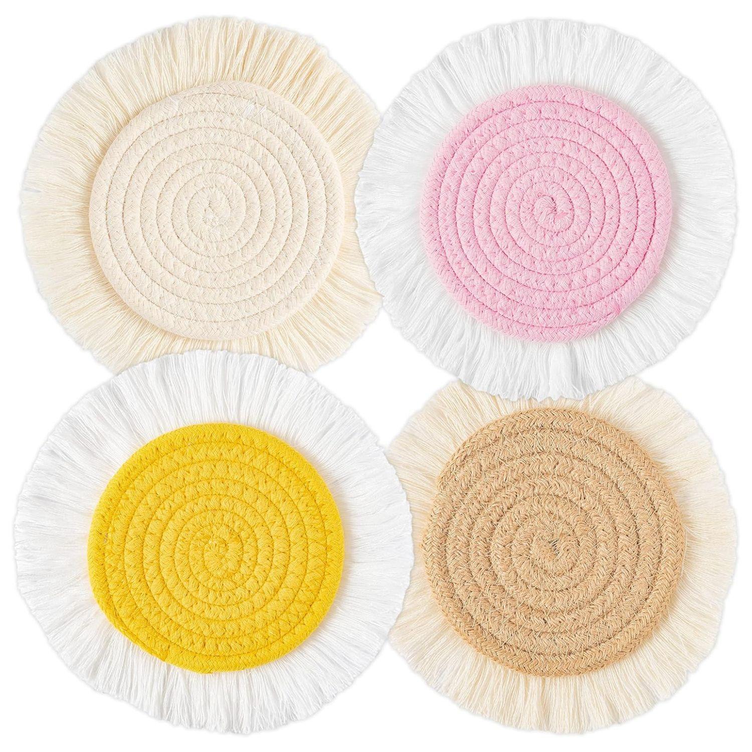 4Pcs Cotton Trivets Pot Holders for Kitchen Heat Resistant Hot Mats with Tassel Hand Woven Potholder Rustic Boho Style Farmhouse Home Decor Washable Hot Pads for Baking and Cooking 7.7"