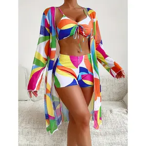 Fashionable New European And American Style Printed And Concealing Drawstring Design Split Women'S Three-Piece Swimsuit