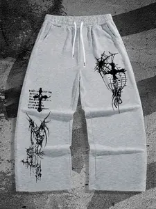 Dark Style Devil Cross Spider Web Wide Leg Pants, Outdoor Fashion Casual Long Pants, Fitted Spring & Fall Wear, Random Print Design, Aesthetics, Casual Comfy Pants