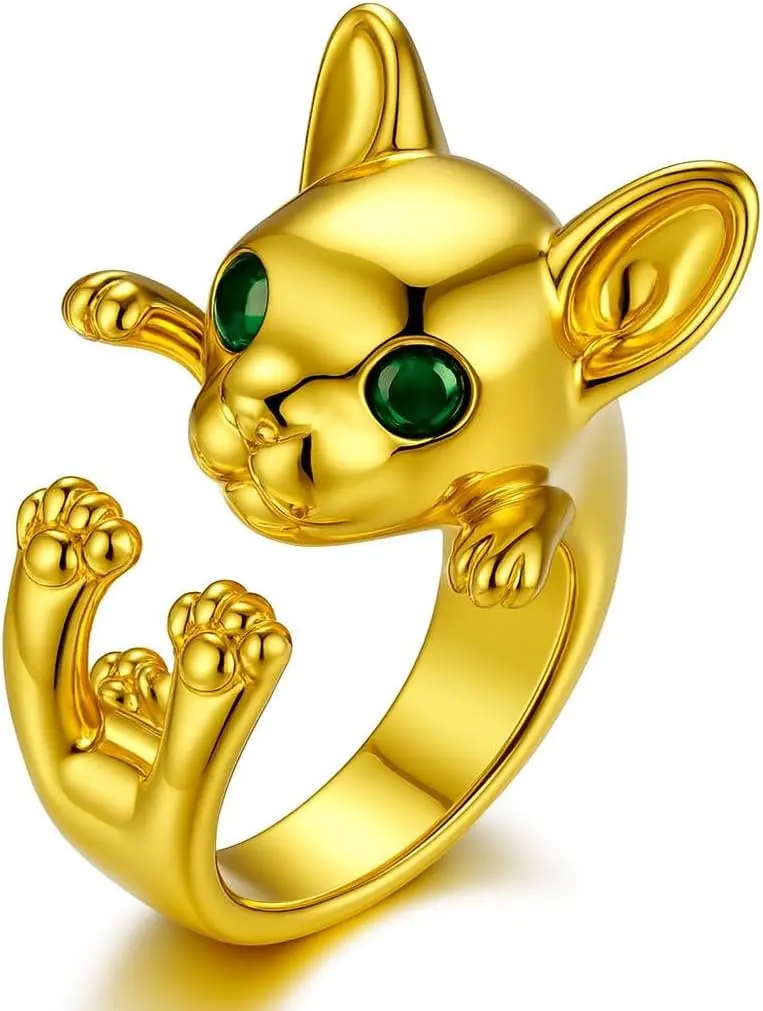 Golden French Bulldog Mascot Figure Ring, Adjustable Stacking Animal Jewelry with Green Eyes, Unisex Fashion Open Band, Animals, Detailed Eyes, Fits Most Finger Sizes, Mascot Figure Rings, Ring Shape