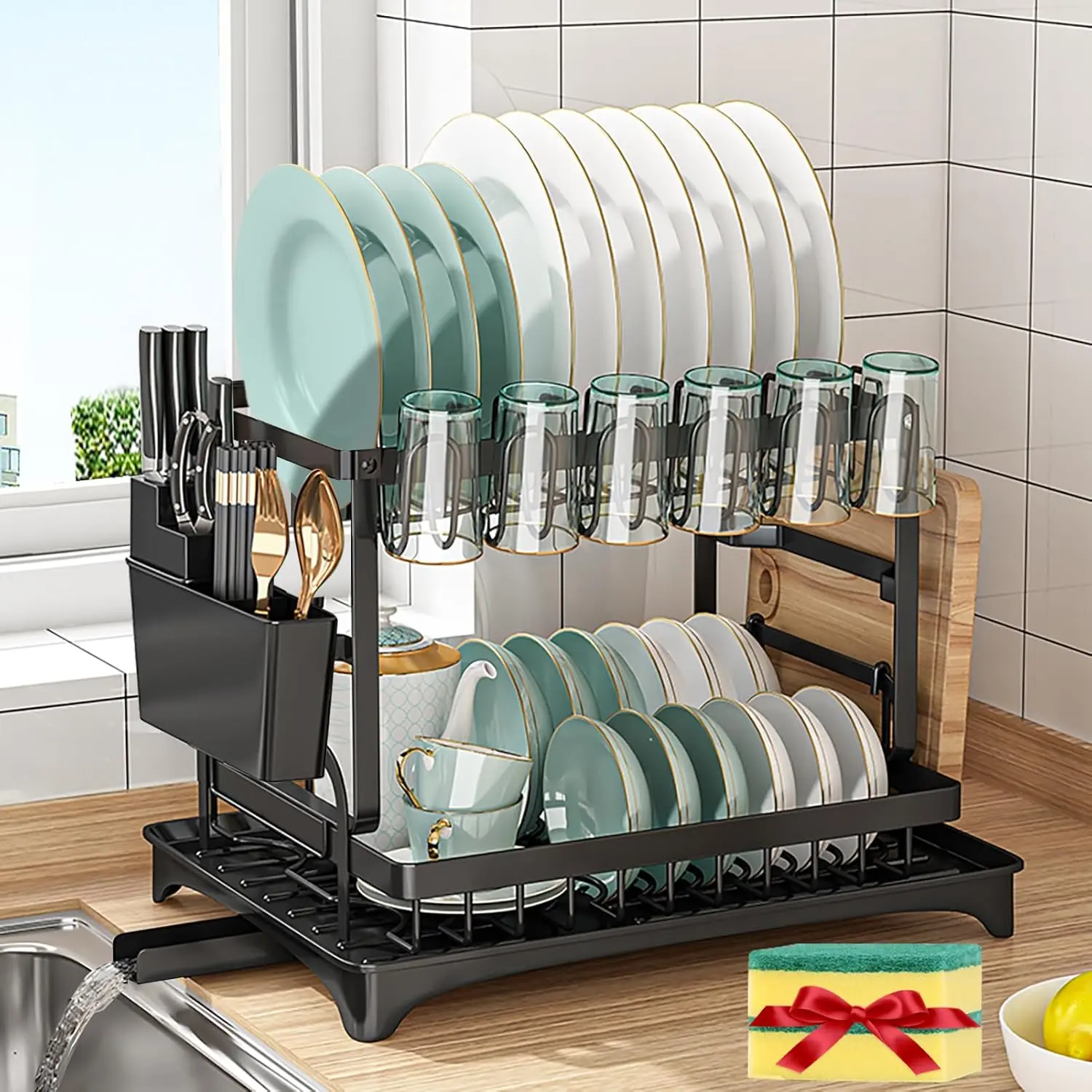 Dish Drying Rack, 2 Tier Large Dish Drying Rack for Kitchen Counter with Drainboard Stainless Steel Dish Drainer for Dish/Knifes/Cup/Cutting Board, Black