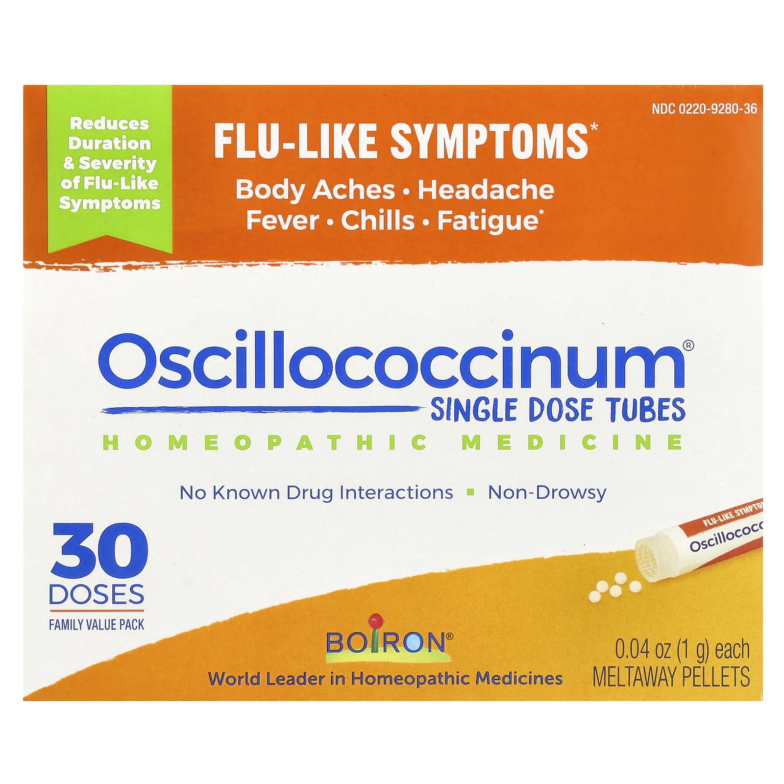 Boiron Oscillococcinum, Single Dose Tubes, Flu-Like Symptoms, Ages 2+, 30 Meltaway Pellets , 0.04 oz (1 g) Each | HSA/FSA Eligible