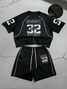 Men's Two-Piece Streetwear Set, Vintage Print Knit T-Shirt + Five-Quarter Pants, Y2K Basketball Style, Summer Sports, Teen Boys & Young Adults