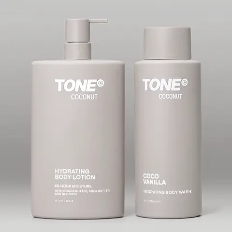 TONE Coconut Body Wash & Lotion Bundle for Adults, Tropical Vanilla Aroma Scented Hydrating Shower Set, Dermatologist-Tested Non-Toxic Body Care Products, Gifts for Him, Vanilla Scents
