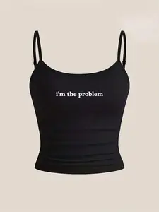 Women's Tight Fit Crop Top, Statement 'i'm the Problem' Letter Print, Sweet & Spicy Sleeveless Design, Casual Graphic Tank Top, Stylish Bodycon Vest, Womenswear