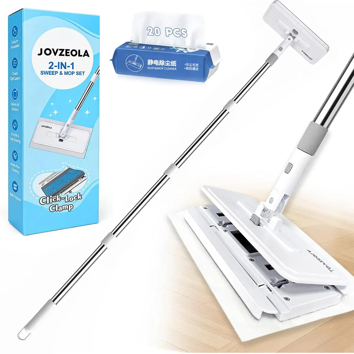 JOVZEOLA Wash Mop and Broom Combo - Hands-Free Flat Mop with 1-Click Cloth Changing Clip, 50 in Adjustable Handle, Swiffer Pad Compatible, 20 Dry Wipes for Home Floors