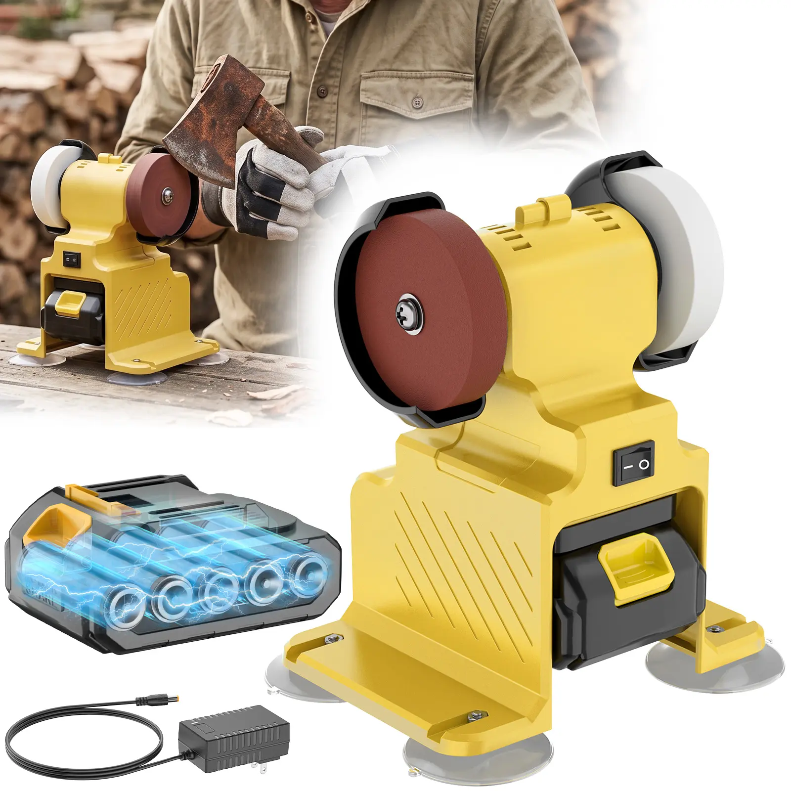 20V Mini Bench Grinder Compatible with 2000mAh Battery,Cordless Bench Grinder with Dual Grinding Wheels for Sharpen Knives, Drills, Steel, Rust Removal