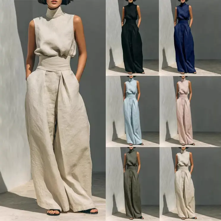 Women's 2-Piece Casual Summer Suit - Solid Comfortable Fabric, Stand-Up Collar Tank Top & Loose Straight-Leg Pants