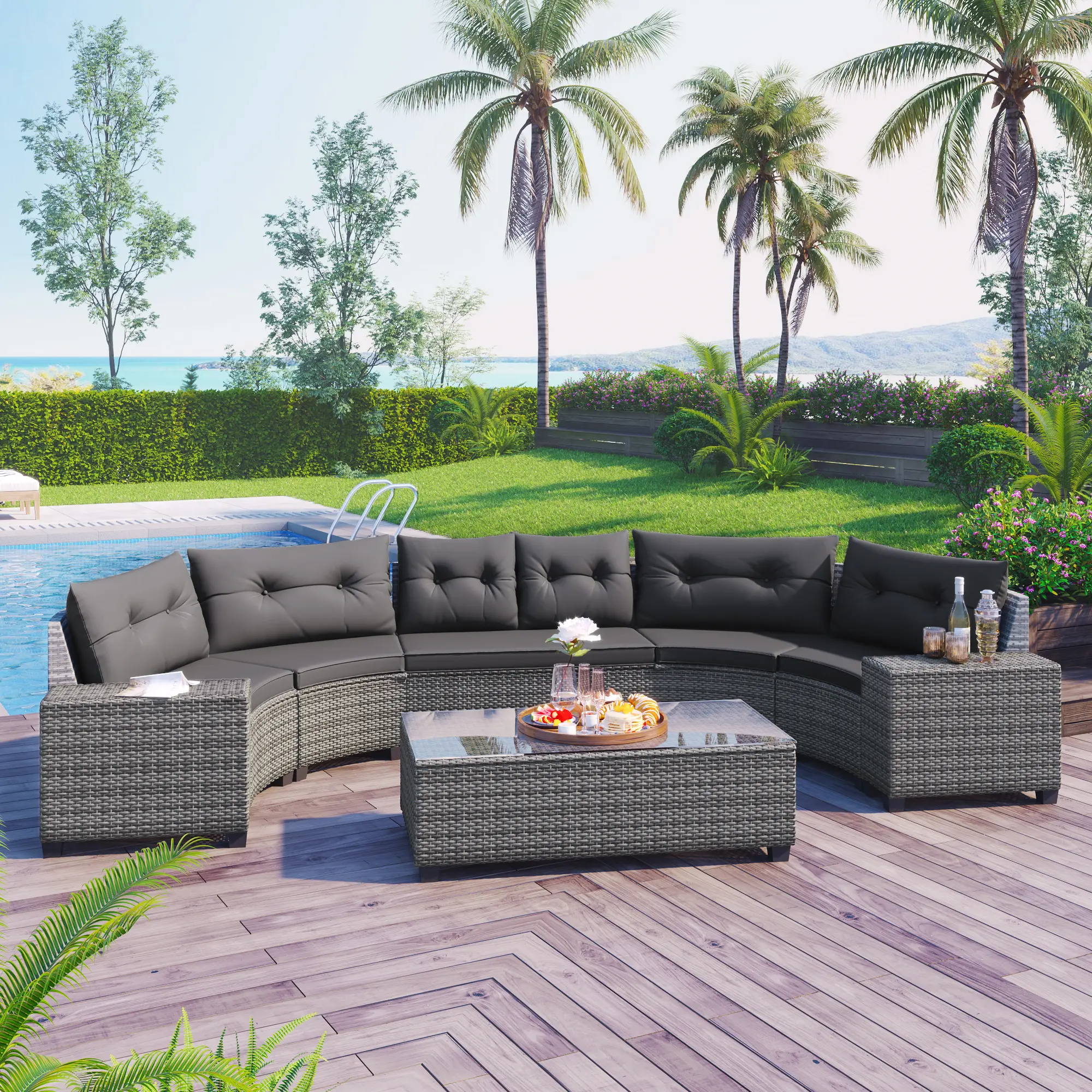 Modern Curved 8-Piece Outdoor Wicker Round Sectional Sofa Set - Modular Half-Moon Design, Rectangular Coffee Table, All-Weather PE Rattan, Removable Cus, Washable Cushions, Versatile Seating for Patio, Garden
