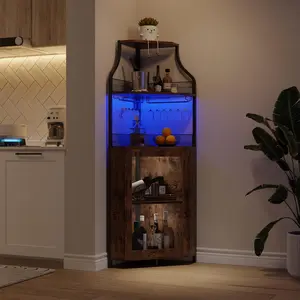 Garvee Industrial Corner Bar Cabinet with LED Strip and Glass Holder, 5-Tier Adjustable Shelf Liquor and Wine Storage Cabinet in Rustic Brown for Home
