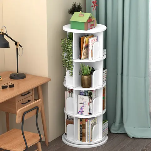 CNCEST 4-Layer Spinning Bookshelf Tower - PVC+Steel Modern Home Organizer with Mortise Joint, 360° Easy Access Adjustable Stand, 132.3lbs Capacity, Easy Installation & Cleaning, for Kids’ Room & Office, Ideal Holiday/Housewarming Gift